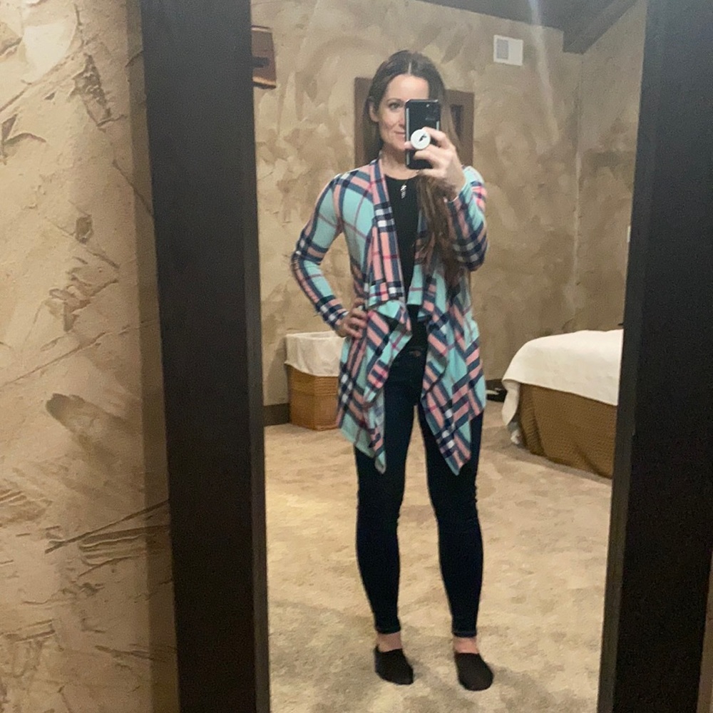 Blue and pink flannel cardigan
